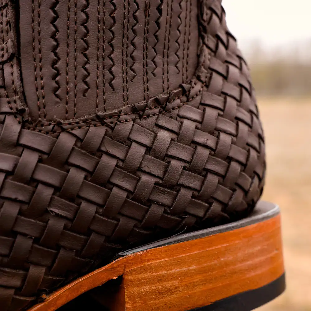 Chocolate Matte Brown Basketweave Leather Botines - Square Toe