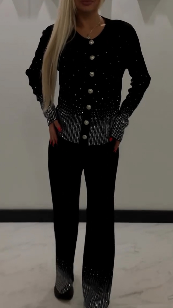 Womens Round Neck Breasted Rhinestone Cardigan+ Pants Casual Set