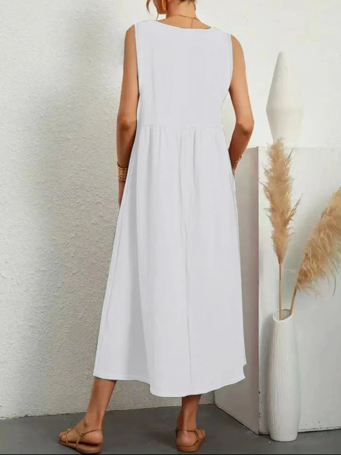 Full Size Pocketed V-Neck Sleeveless Midi Dress Plus Size