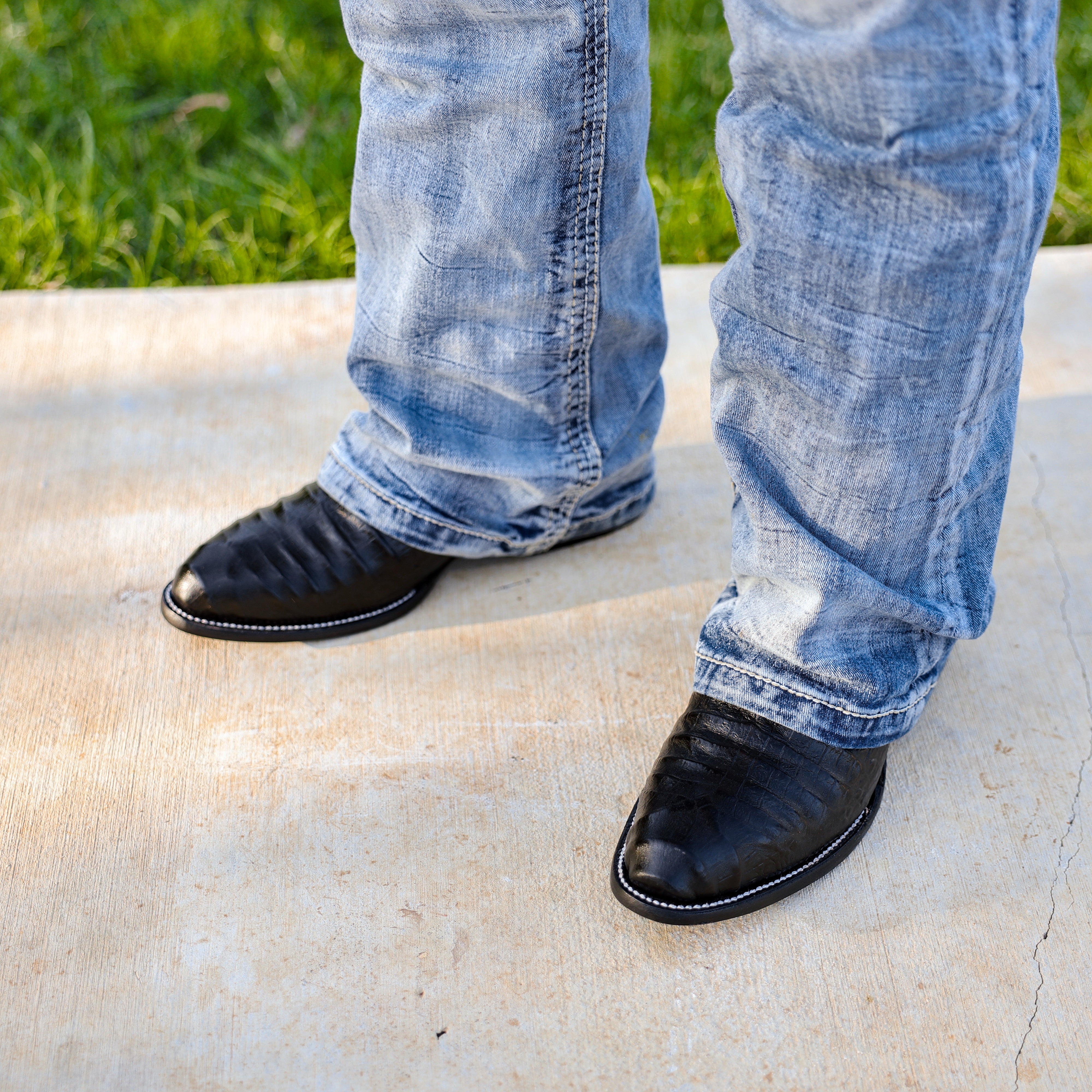 Black Caiman Belly Leather Boots - Round Toe