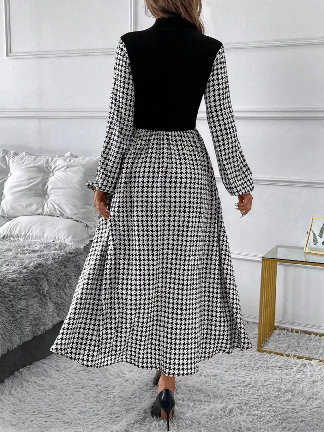 Houndstooth Mock Neck A-Line Dress