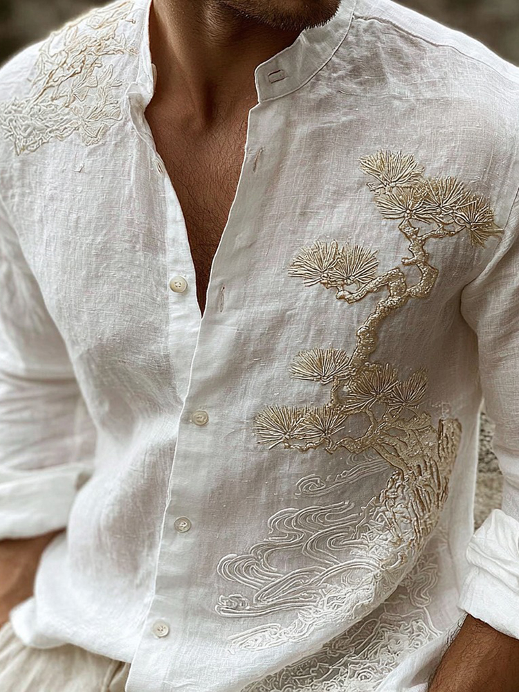 Men's Vintage Pine Tree Art Pattern Linen Blend Shirt