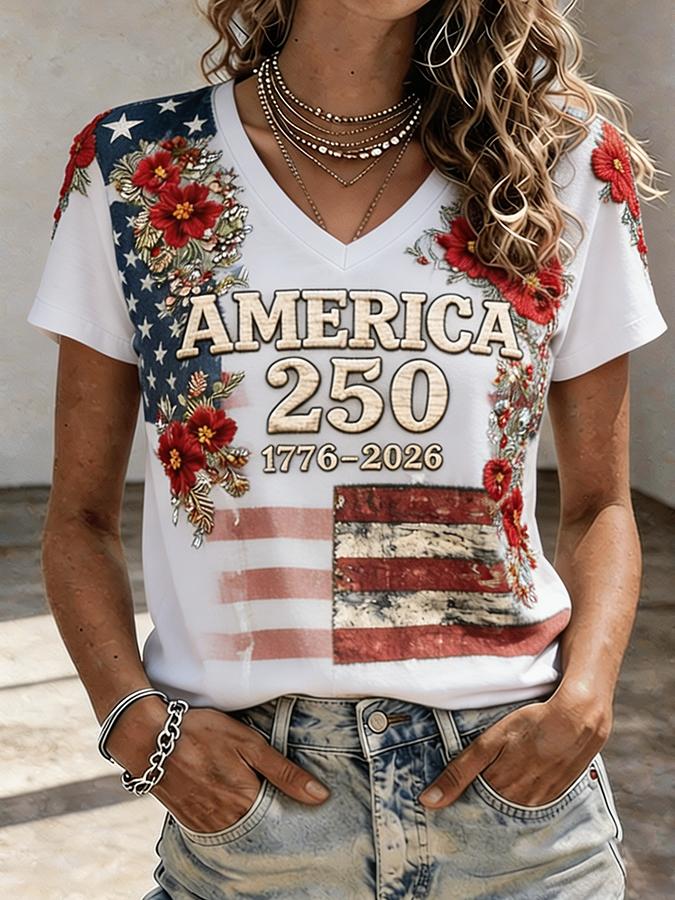 Women's Patriotic 1776-2026 America 250 Floral Embroidered V-Neck T-Shirt