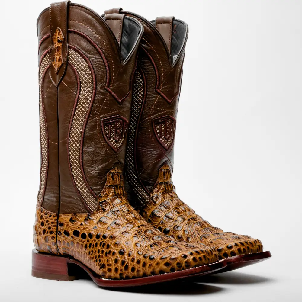 Honey Caiman Neck Leather Boots - Square Toe