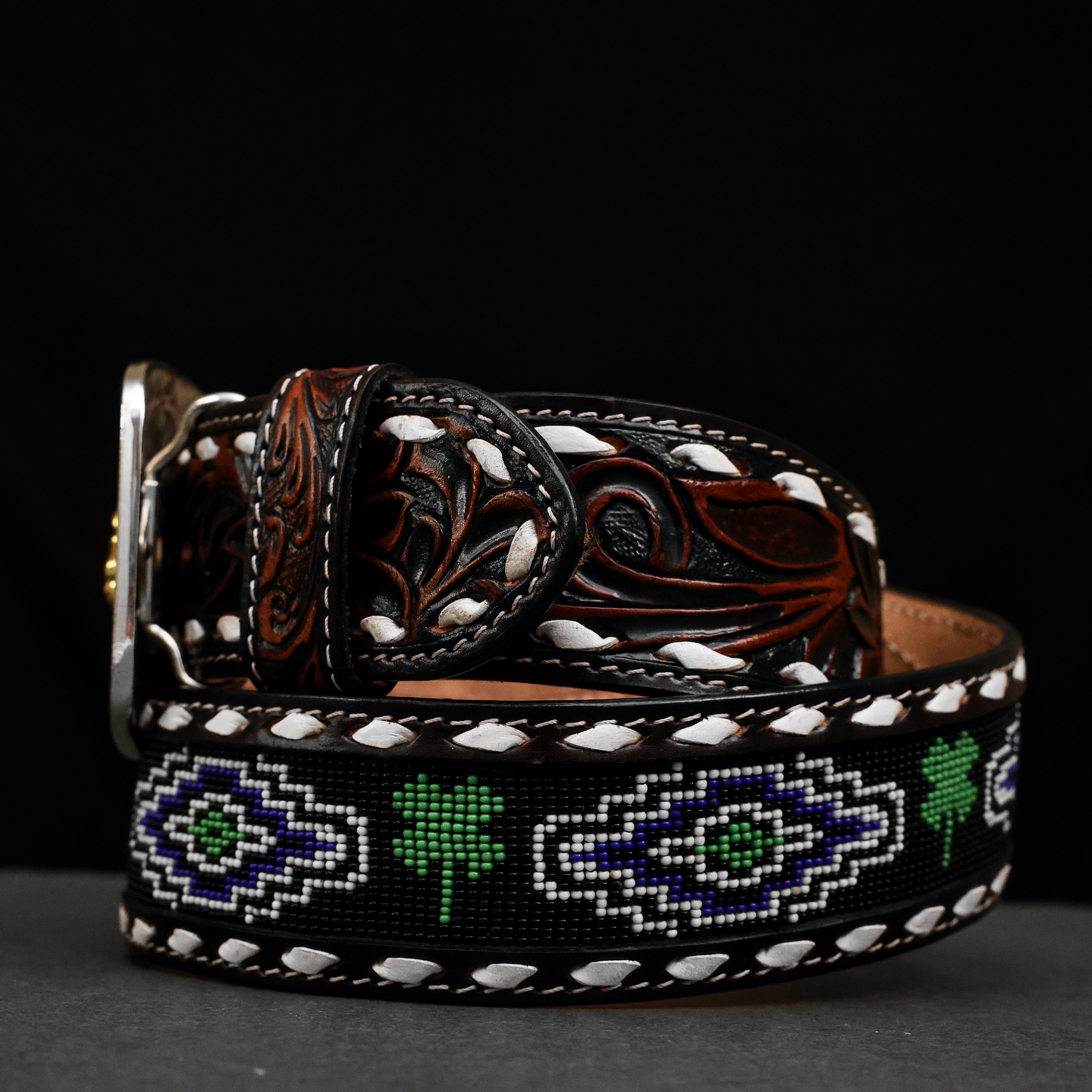 2 Inch Hand-Tooled Artesanal Beaded Leather Belt