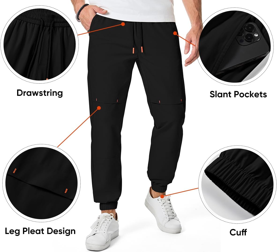 Mens Casual Basic Pants Multi-pocket Slim-fit Stretch Elastic Waist Drawstring Pants Tapered for Men