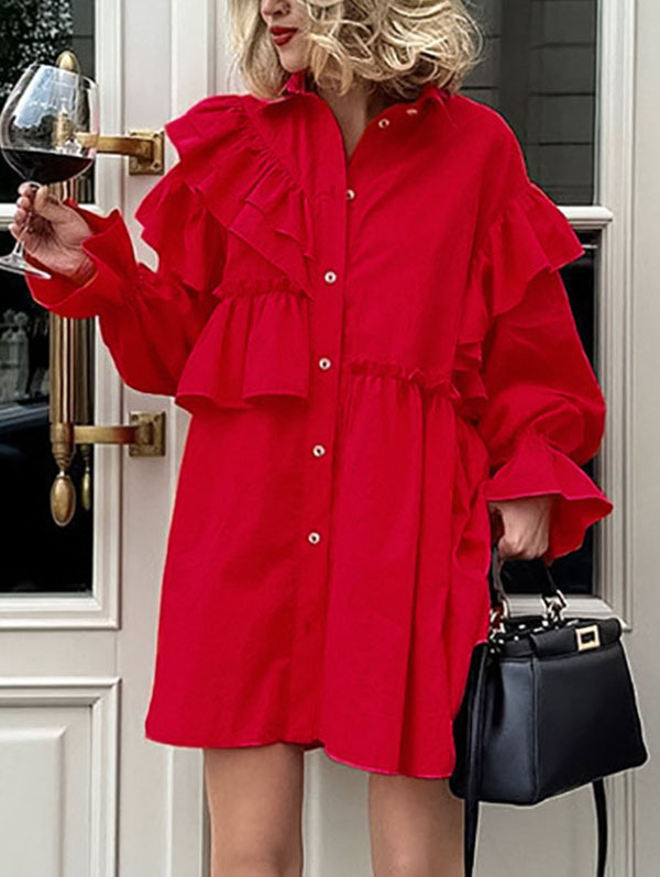 Asymmetric Buttoned Elasticity Layered Ruffled Solid Color High-Low Long Sleeves Lapel Mini Dresses