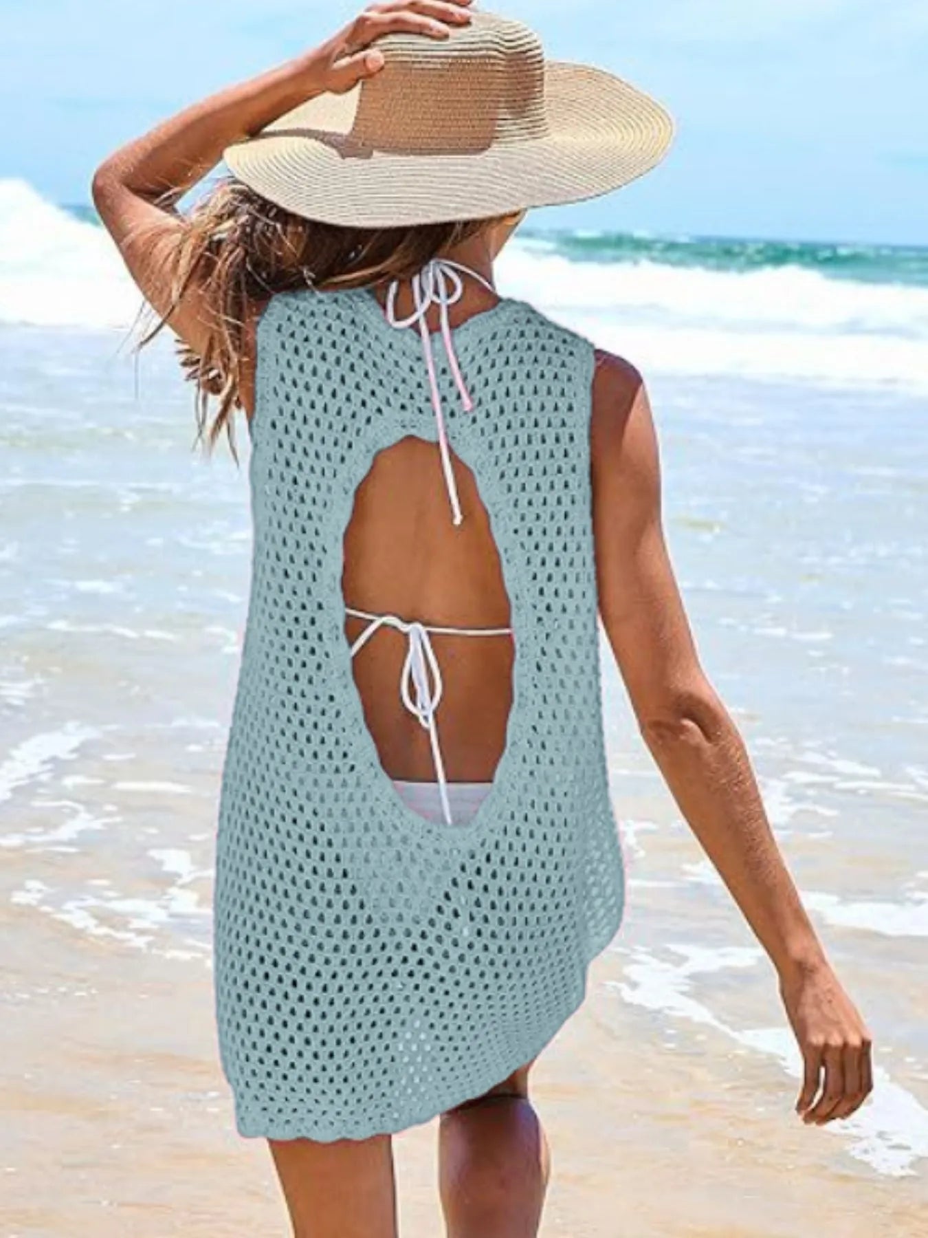 Color Block Openwork Sleeveless Cutout Back Cover-Up Mini Dress