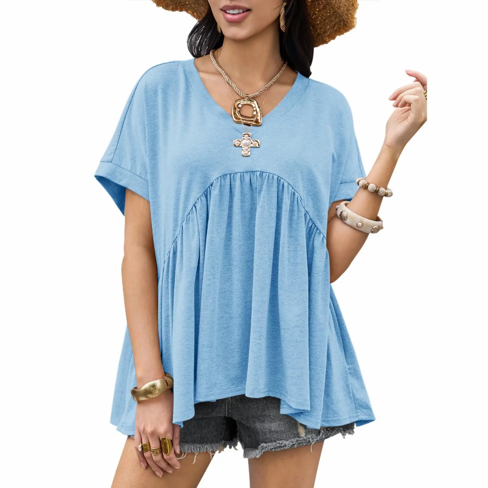 Women’s Flowing V-Neck Babydoll Peplum Blouse