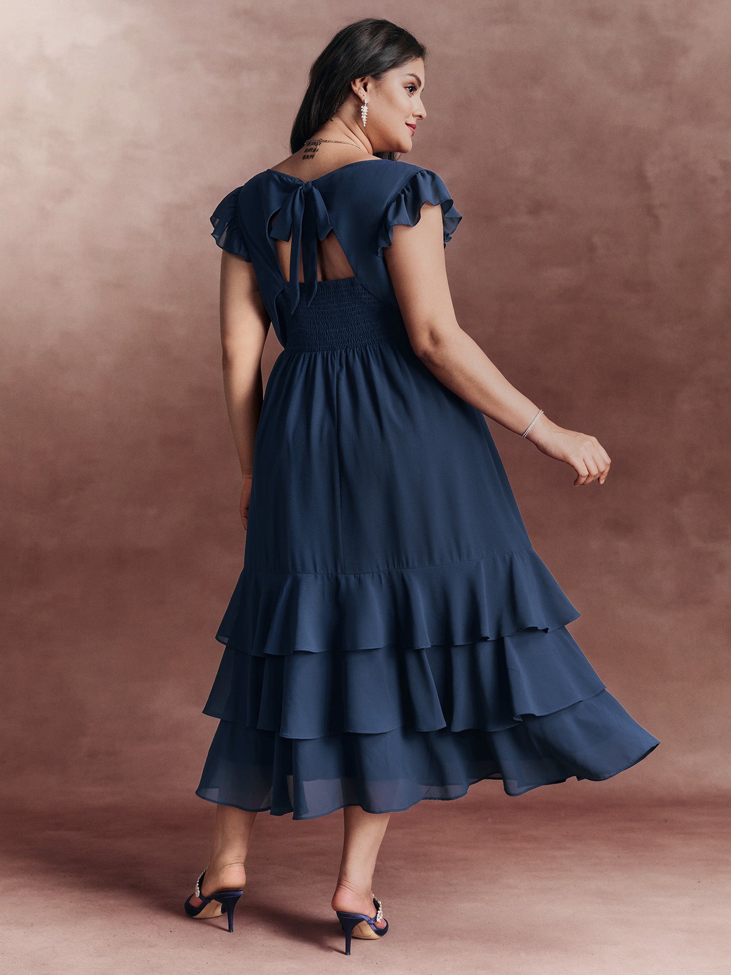 Backless Tie Layered Hem Flutter Sleeve Maxi Dress