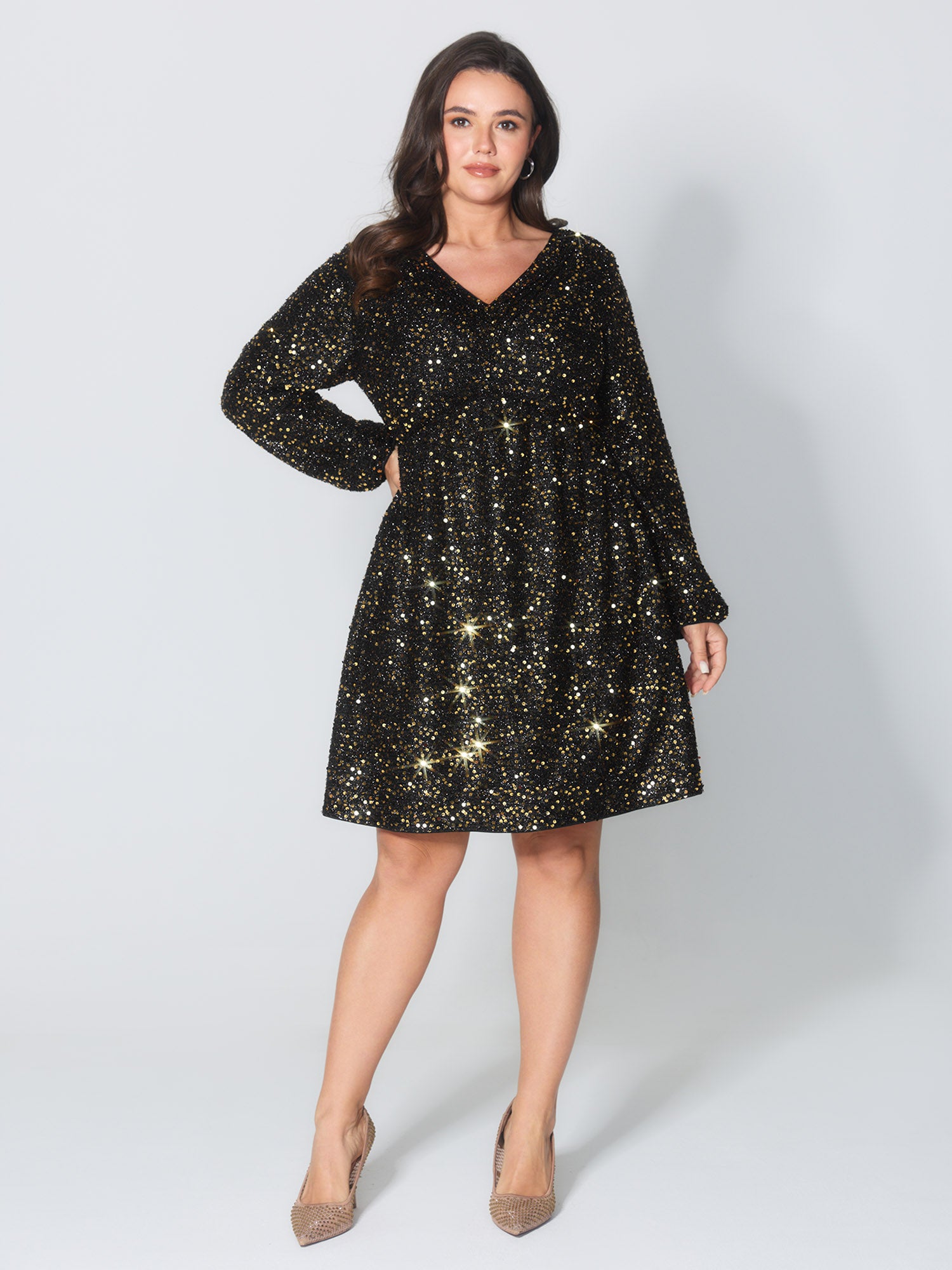 Shimmery Sequin V-Neck Knee Dress
