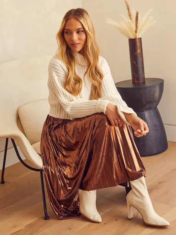 Shiny Pleated High-Waisted A-Line Midi Skirt