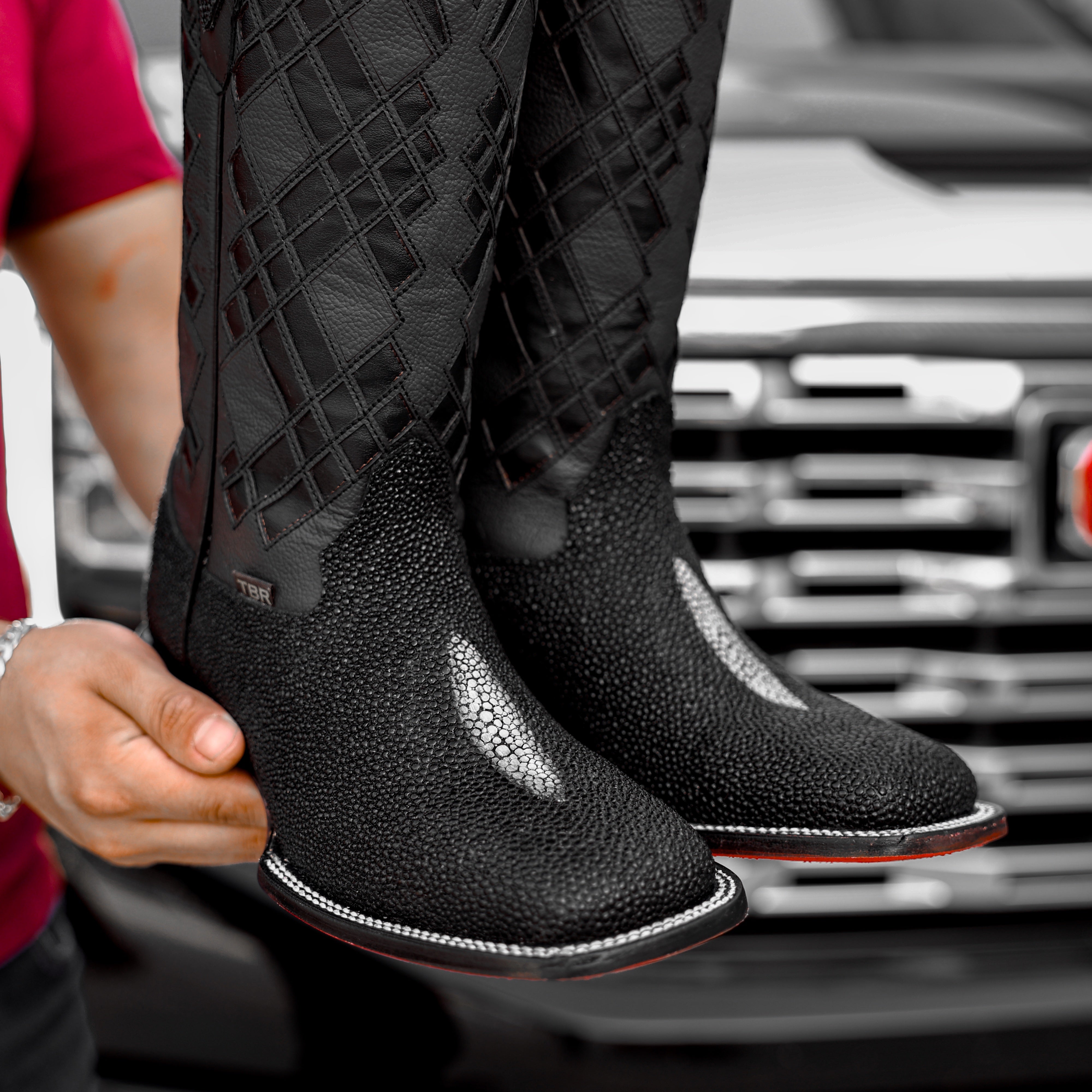 Black Stingray Leather Boots - Square Toe