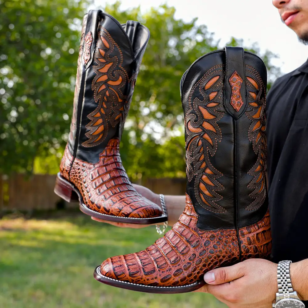 Cognac Caiman Hornback Leather Boots - Square Toe