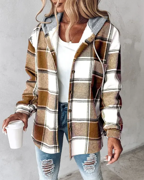 Plaid Pattern Long Sleeve Shacket Button Down Fleece Lined Hooded Jackets Warm Coat