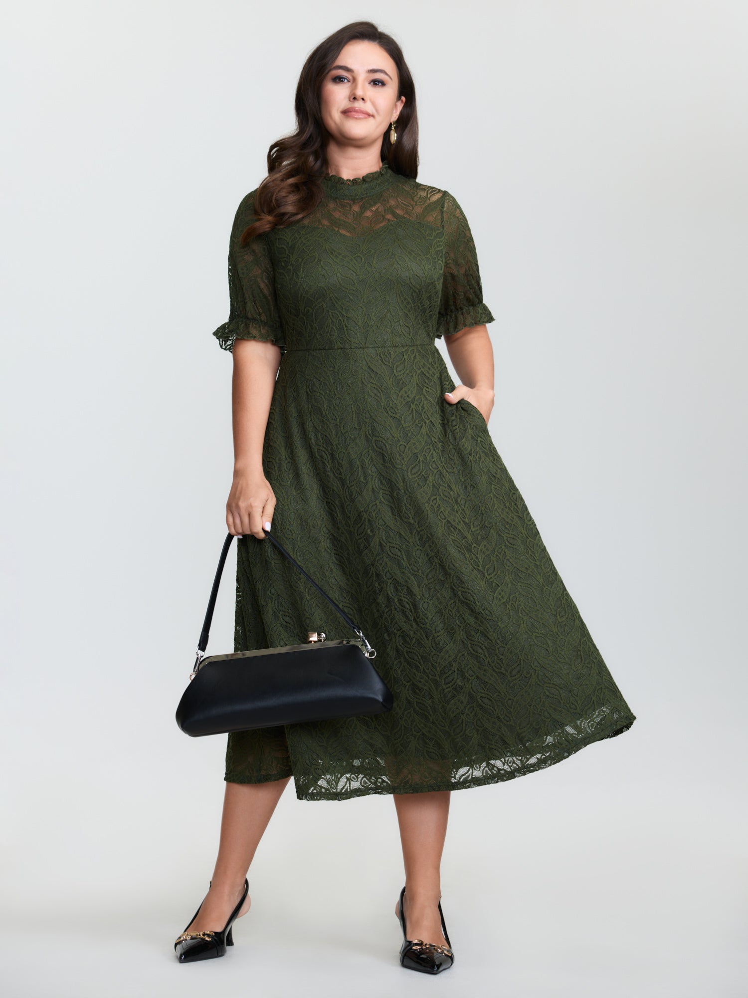 Mock Neck Lace Pockets Midi Dress