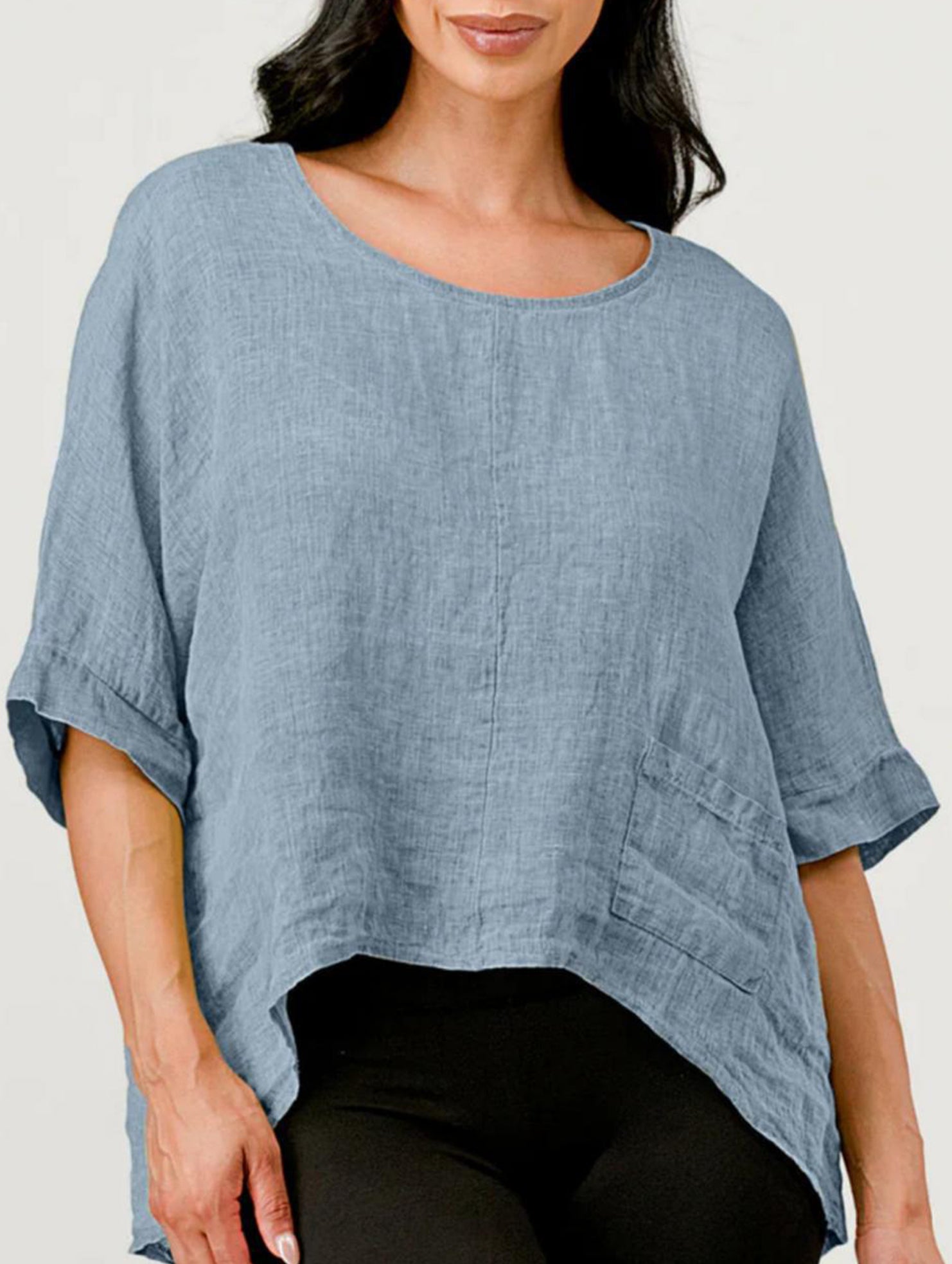 Round Neck Cotton Linen Short Sleeve Shirt_CWTBLL02279