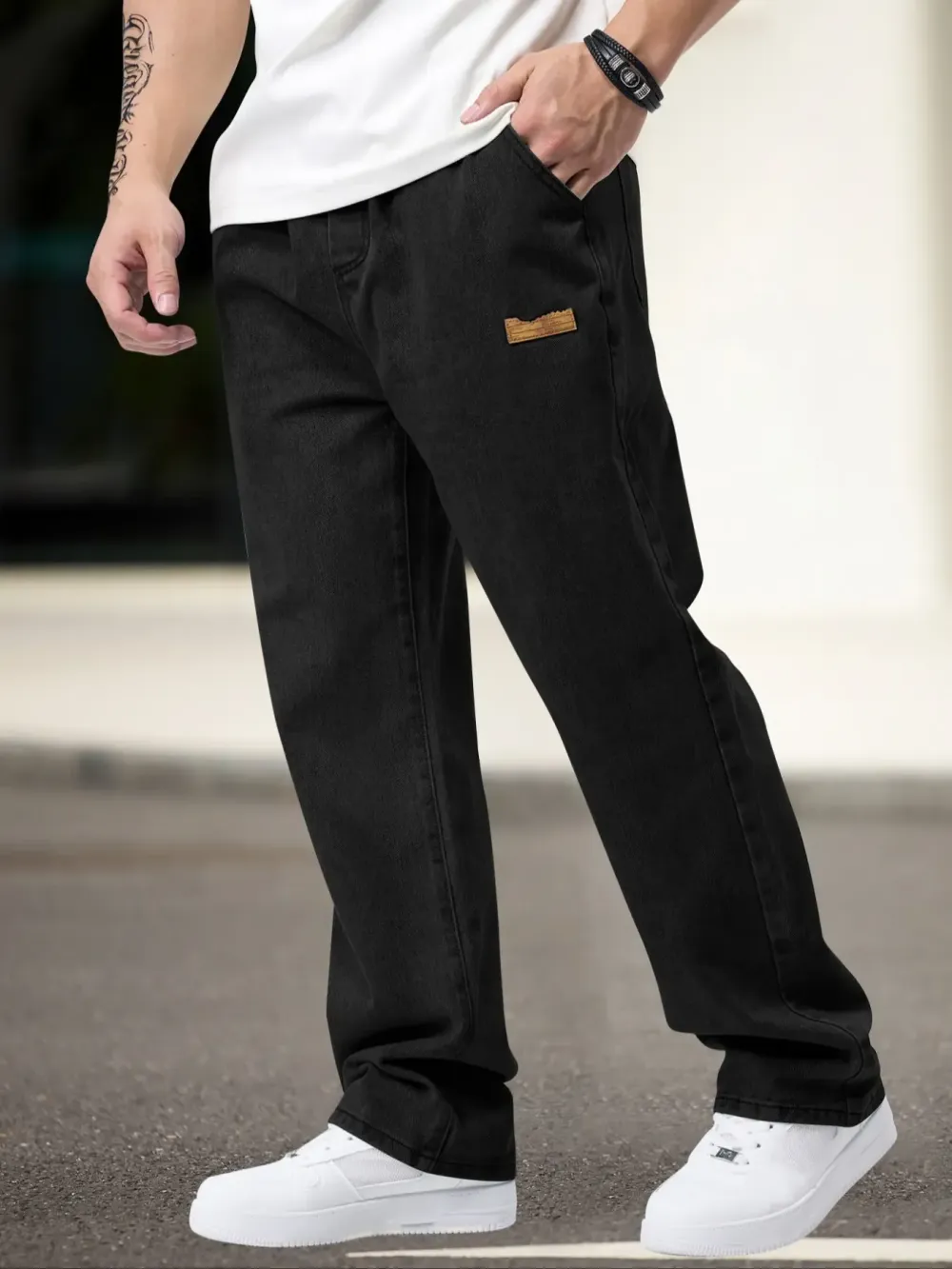 Men's Drawstring Elastic Waist Jeans, Washed Vintage Straight Leg Plain Denim Jeans
