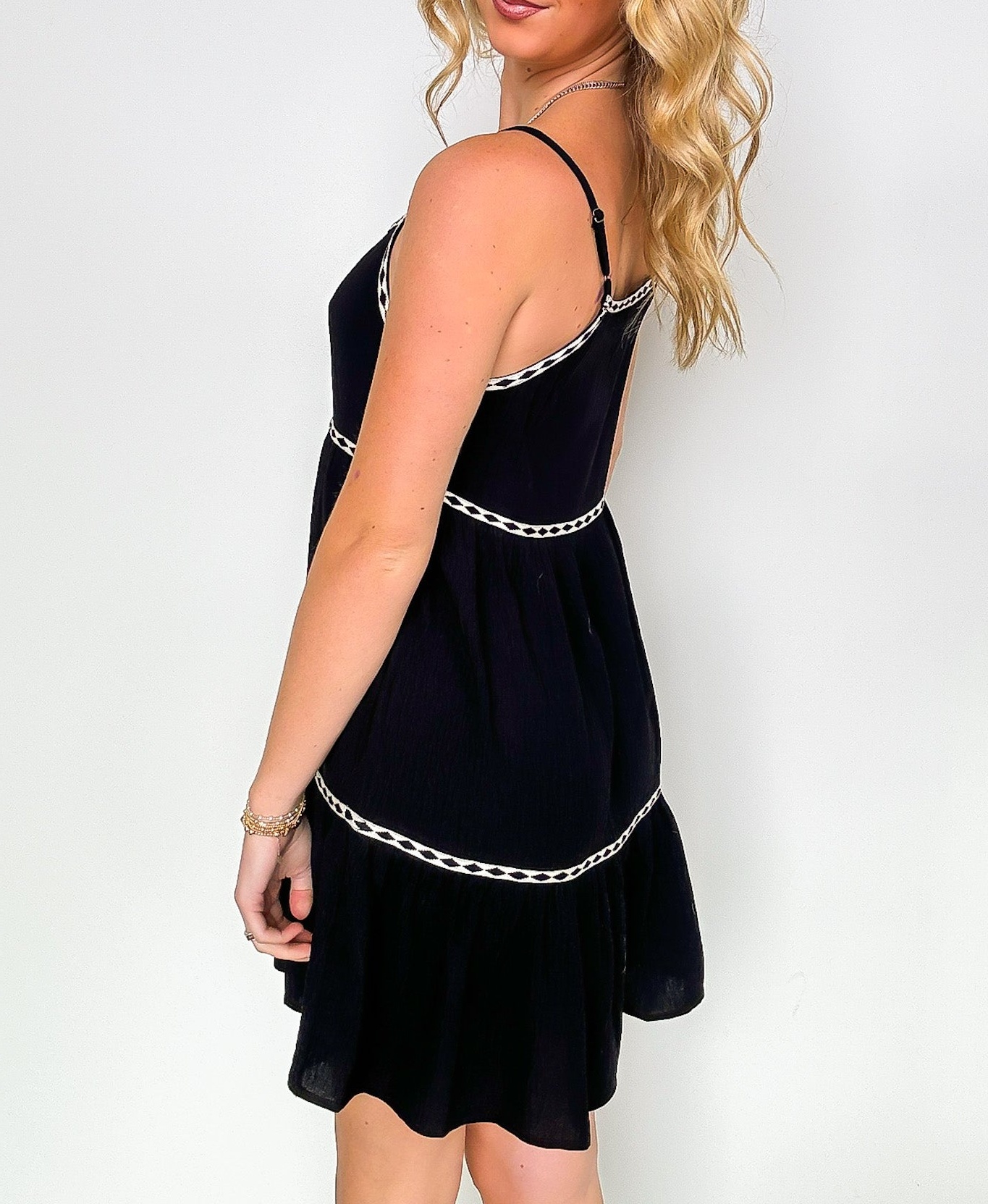 Perfection Bound Trim Sleeveless Tiered Mini Dress