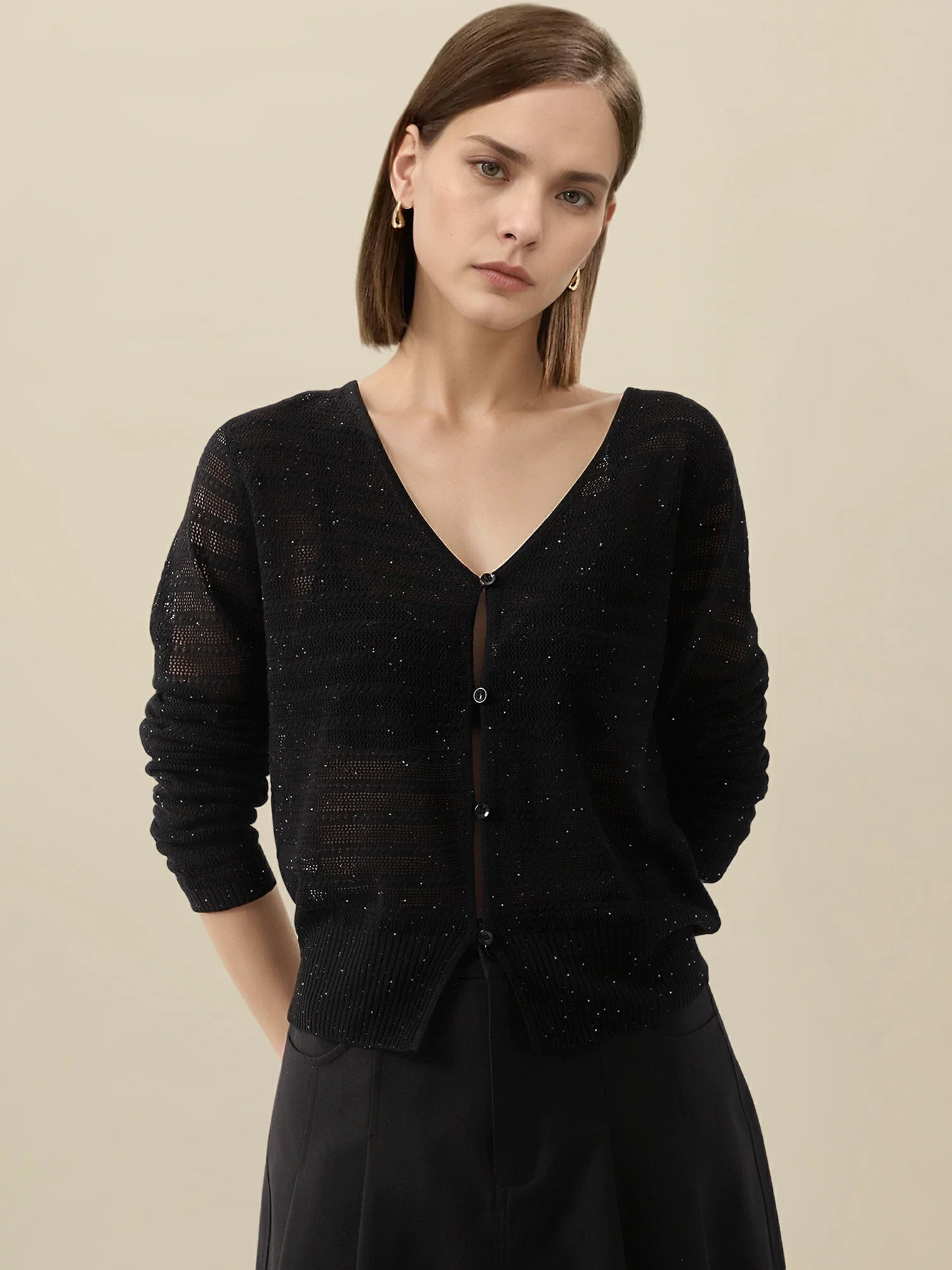 Linen & Lyocell V-Neck Long Sleeve Cardigan