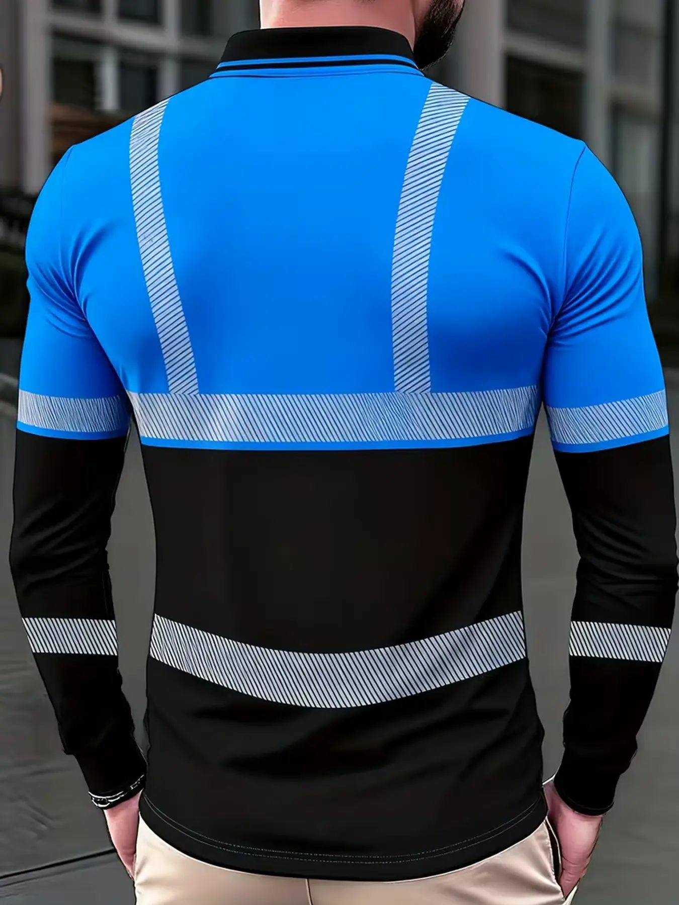 Men's casual autumn and winter tooling printed long-sleeved POLO shirt - contrasting color design, orange, black and neon green optional(ANSI/ISEA 107)