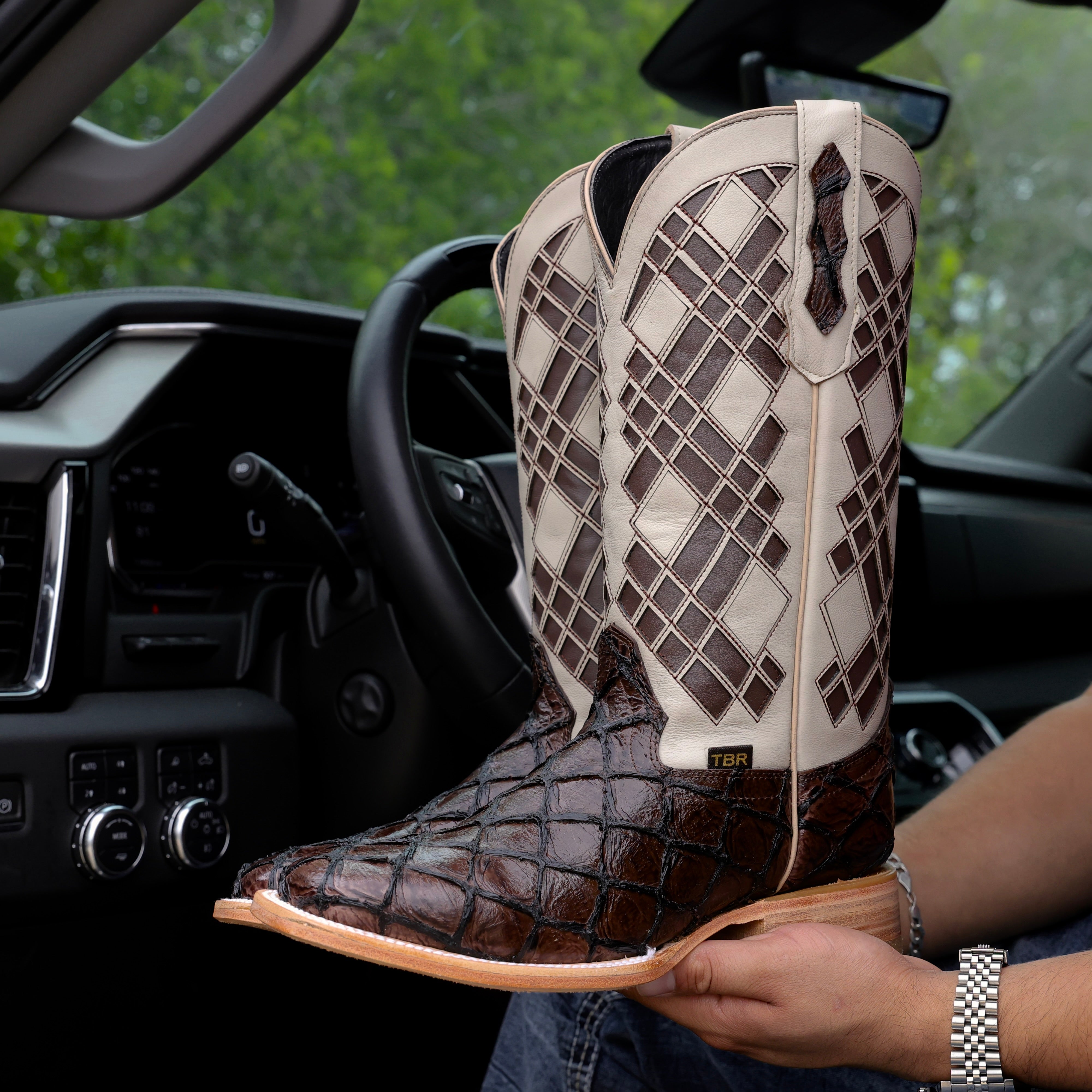 Chocolate Brown Pirarucu Leather Boots - Square Toe