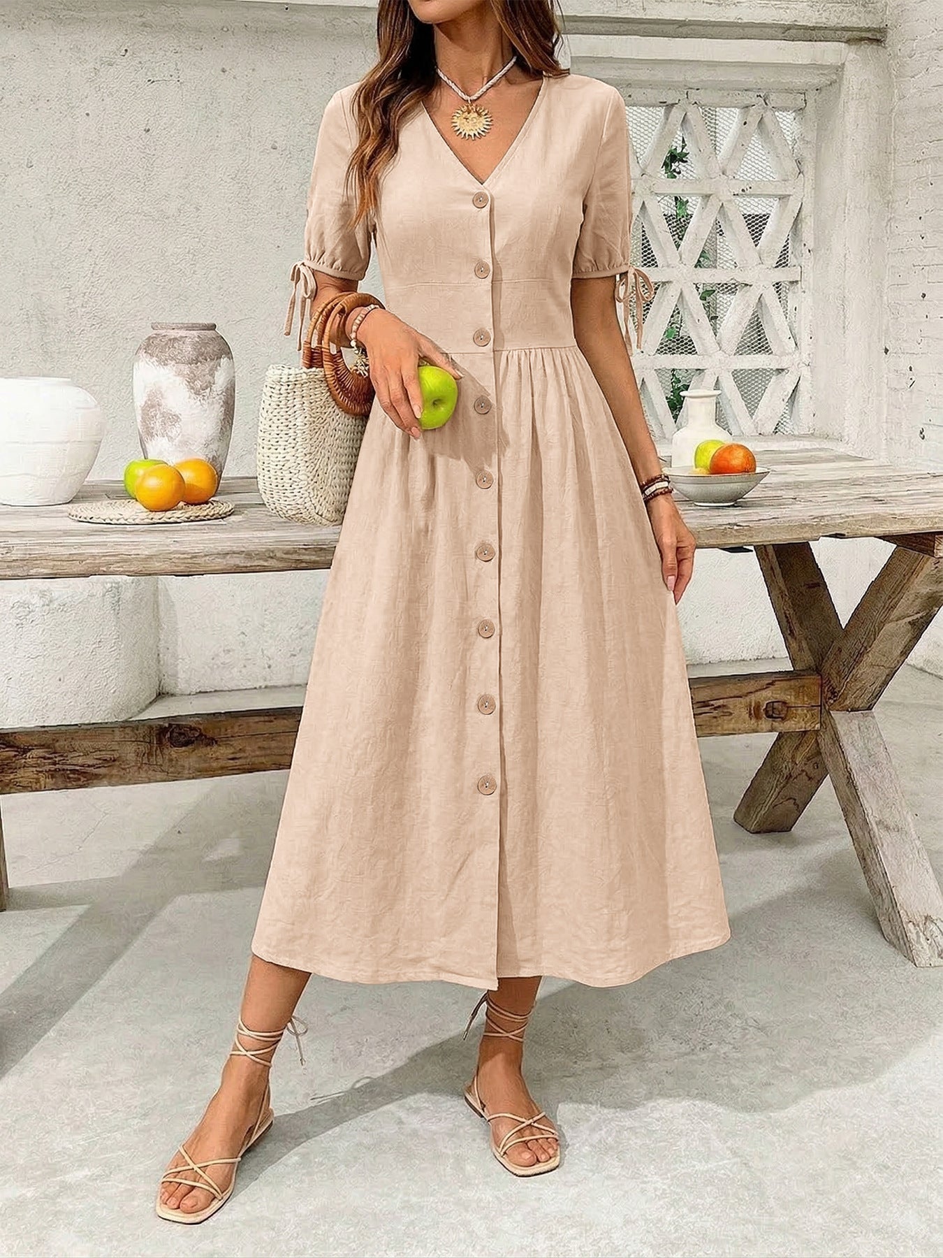 Button-Down Short Sleeve Midi Dress