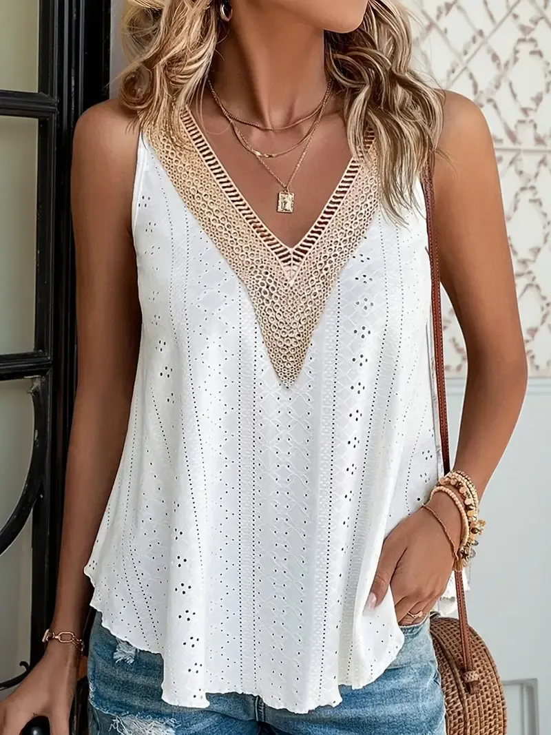 Eyelet Embroidered V Neck Tank Top, Casual Sleeveless Top For Spring & Summer, Women's Clothing