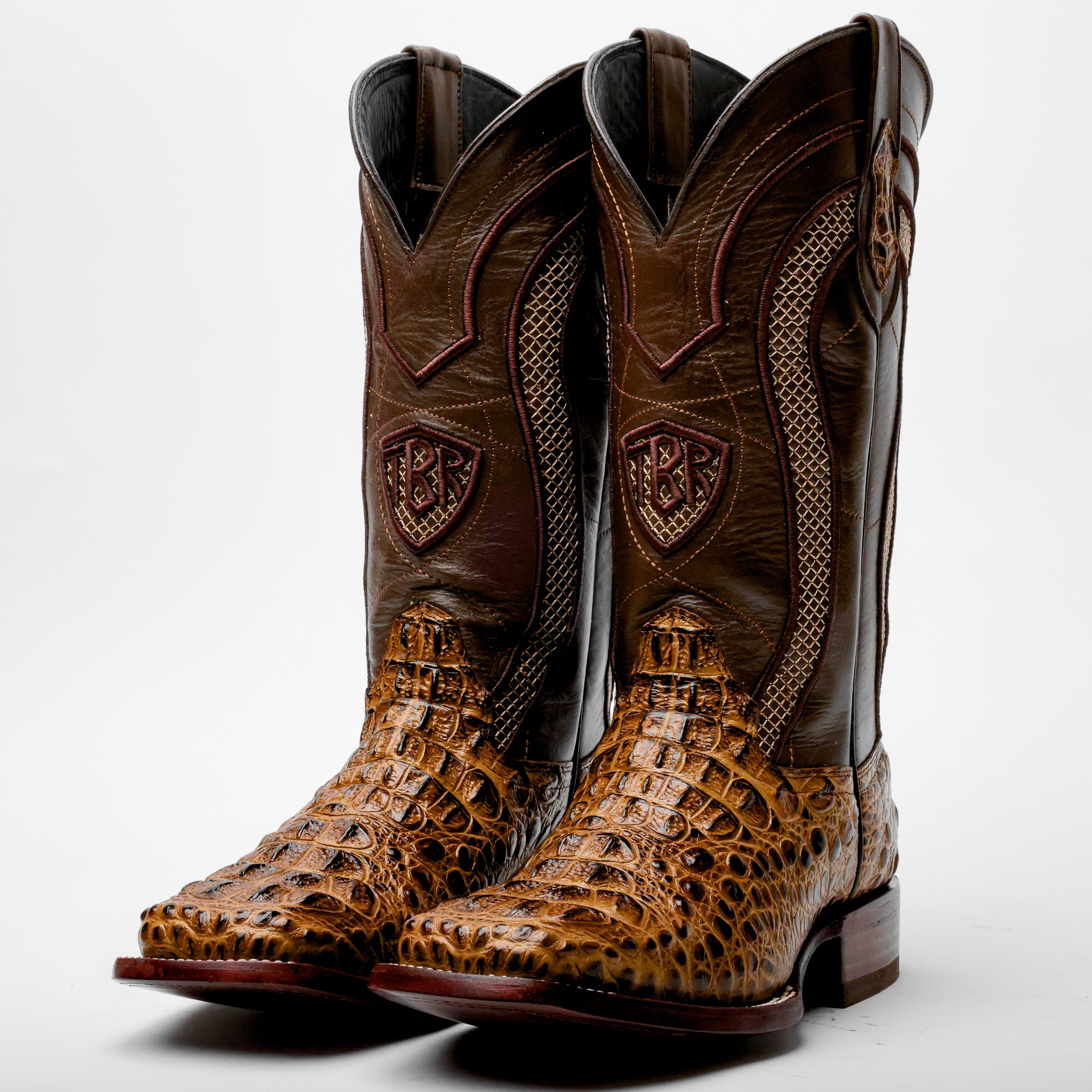 Honey Caiman Neck Leather Boots - Square Toe