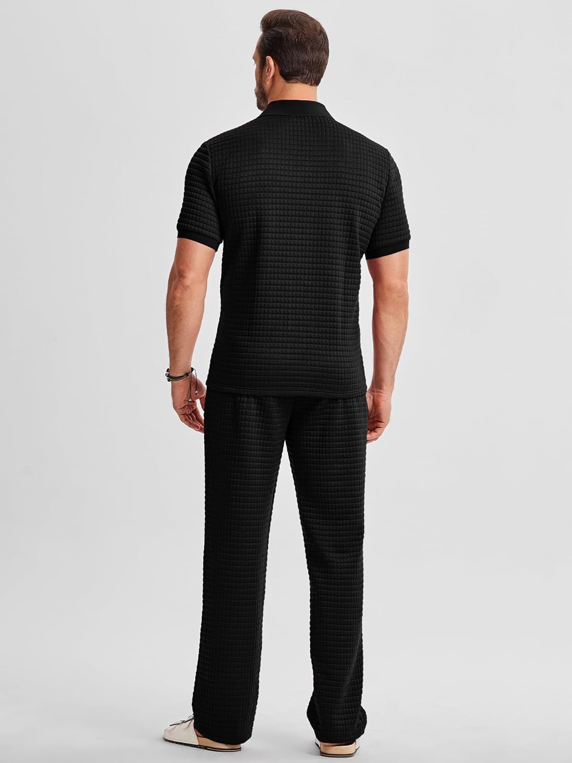 Mens Summer 2 Piece Outfits Short Sets Beach Waffle 1/4 Zip Polo Shirts Casual Loose Pant Loungewear