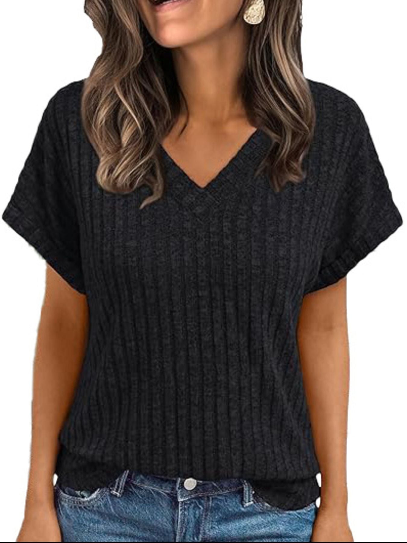 Ribbed Knit V-Neck Relaxed Fit T-Shirt