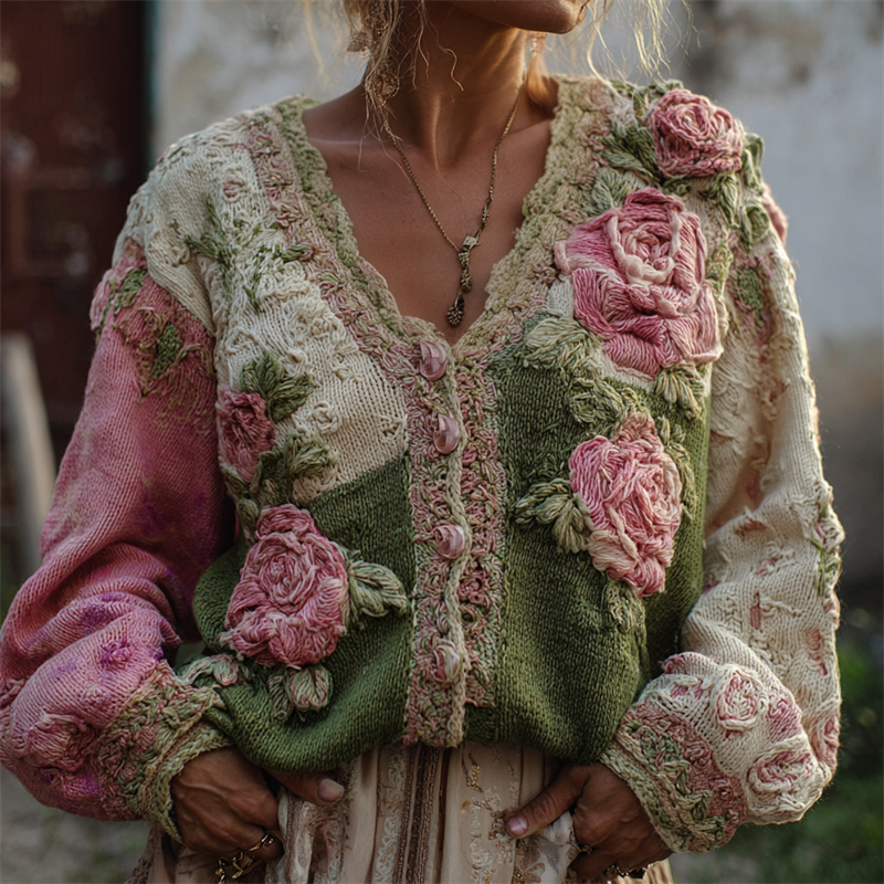 Vintage Pink Roses Crochet Embroidered Colorblock Patchwork Cozy Cardigan