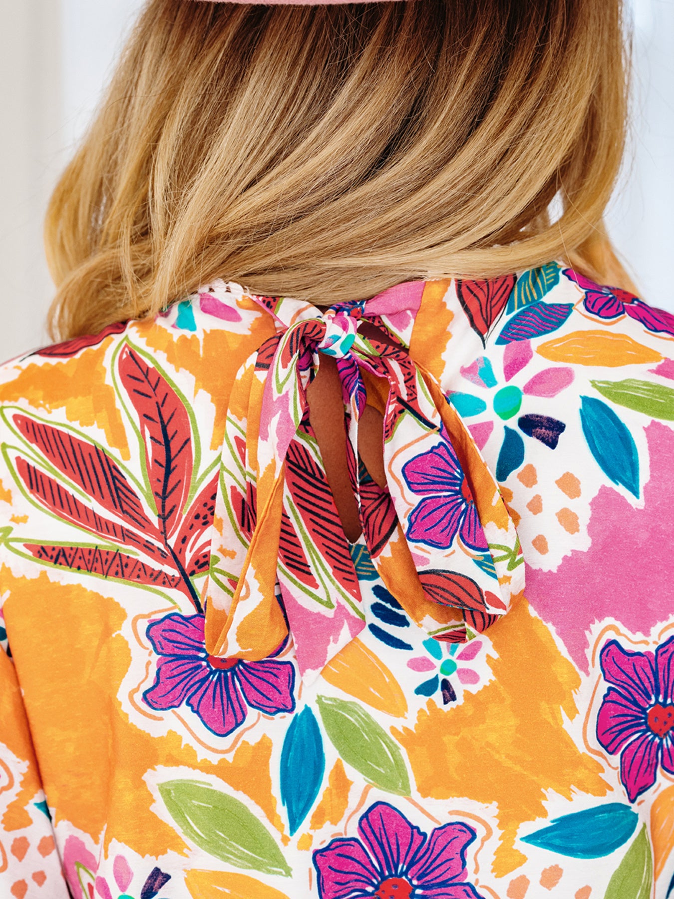 Floral Print Lace Trimmed Tie Back Bell Sleeve Swing Mini Dress