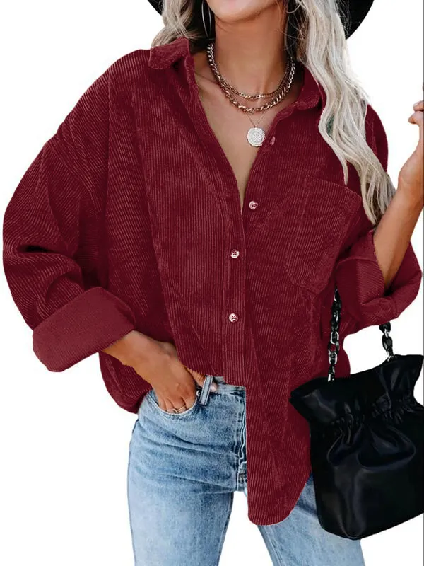 Women's Plain Pocket Button Front Corduroy Shirt
