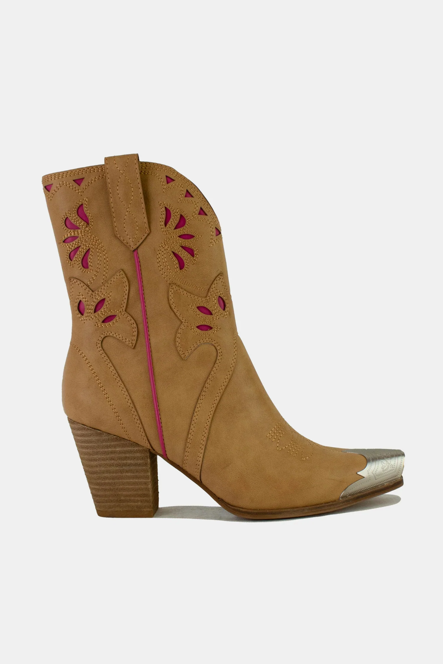 Cut-Out Floral Embroidery Boots in Camel