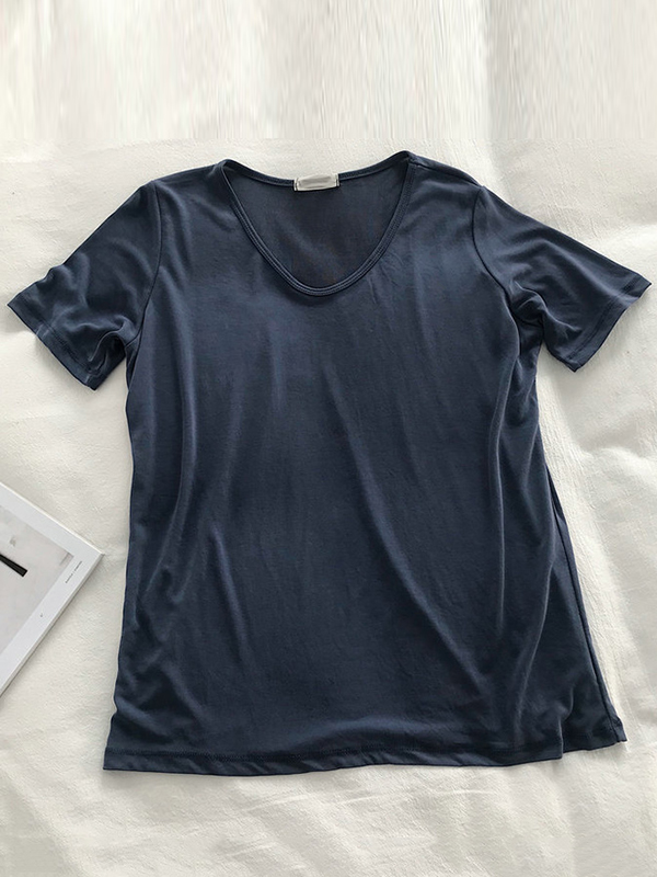 Solid Color Loose Short Sleeves U-Neck T-Shirts Tops