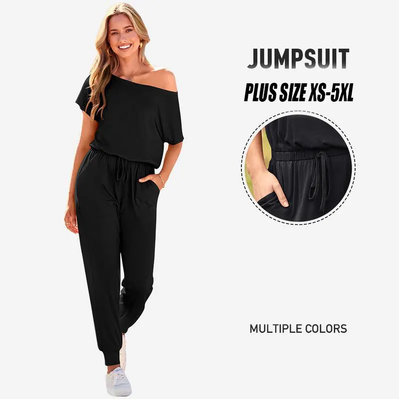 Women's Plus Size Off-Shoulder Jumpsuit – Summer Casual Romper with Elastic Waist, Fake Drawstring & Pockets