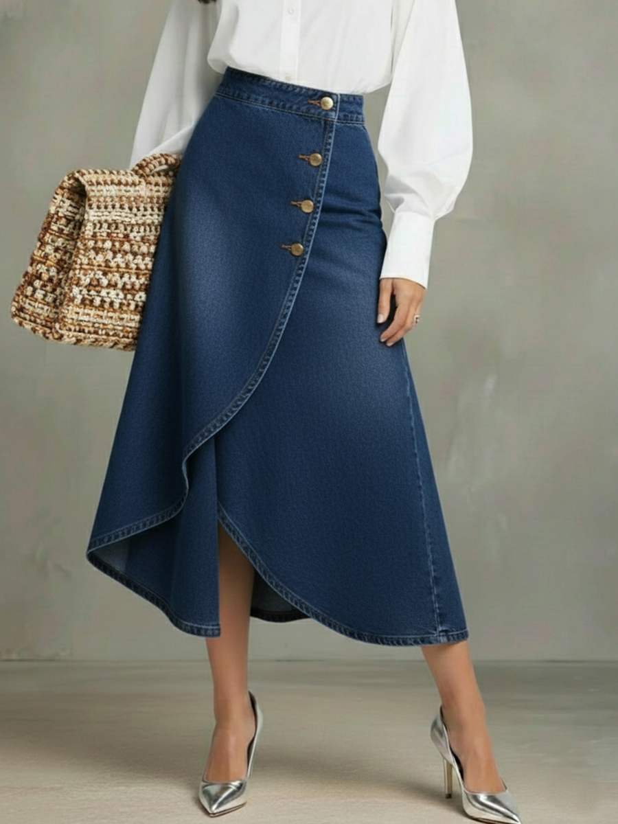 Elegant Wrap-around Irregular Hem Denim Skirt