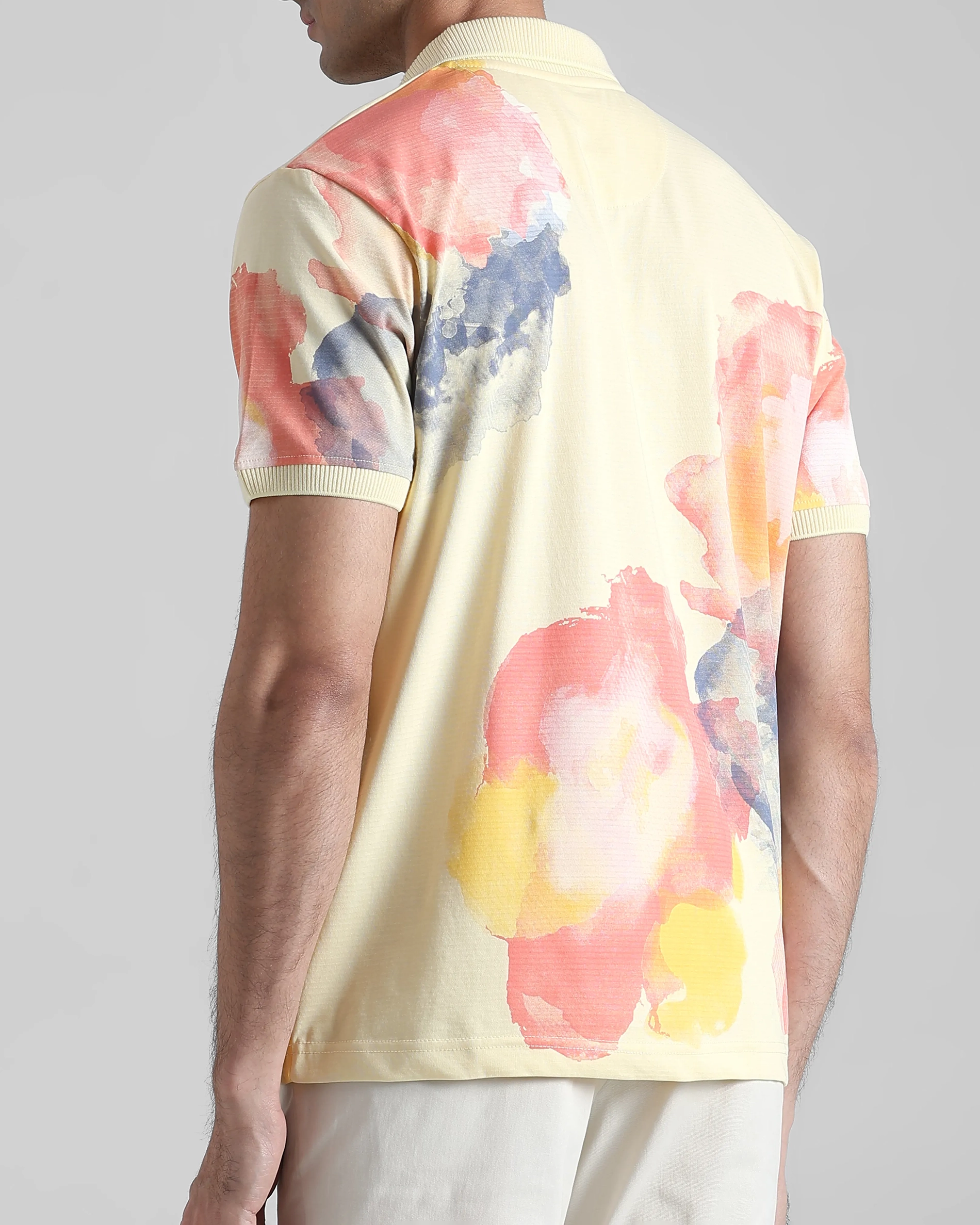 Daily Simple Light Yellow Floral Print Polo Shirt