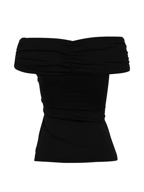 Knot Pleated Solid Color Split-Joint Short Sleeves Skinny Boat Neck T-Shirts Tops