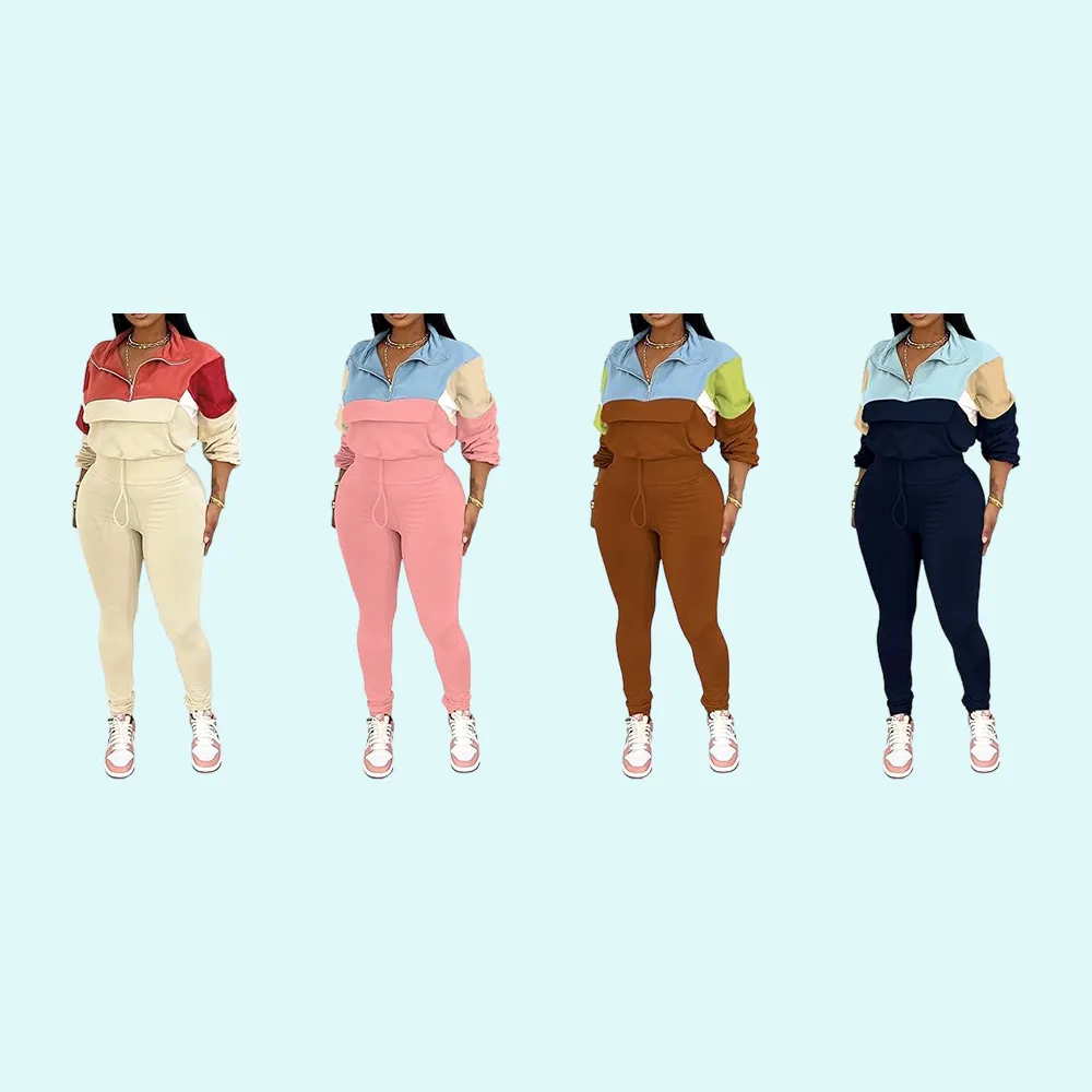 Women's Two Piece Outfits Knit Zip Top Jacket & Elastic Waistband Pant