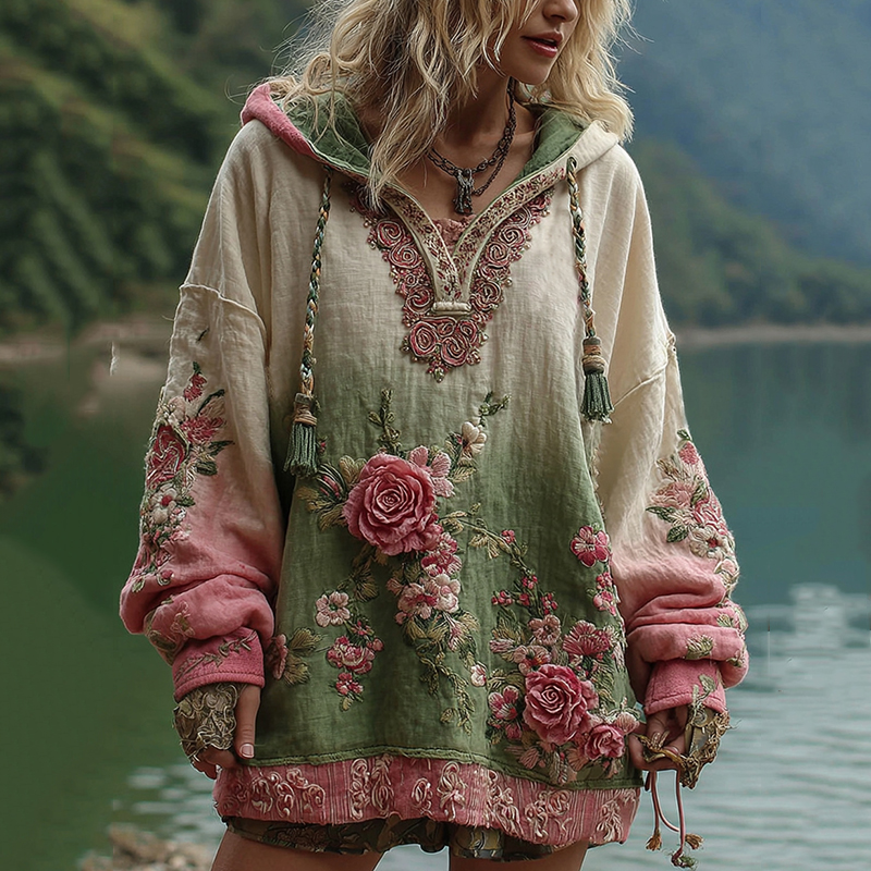 Love & Health Collection Vintage Rose And Floral Art Linen Long Sleeve Hoodie