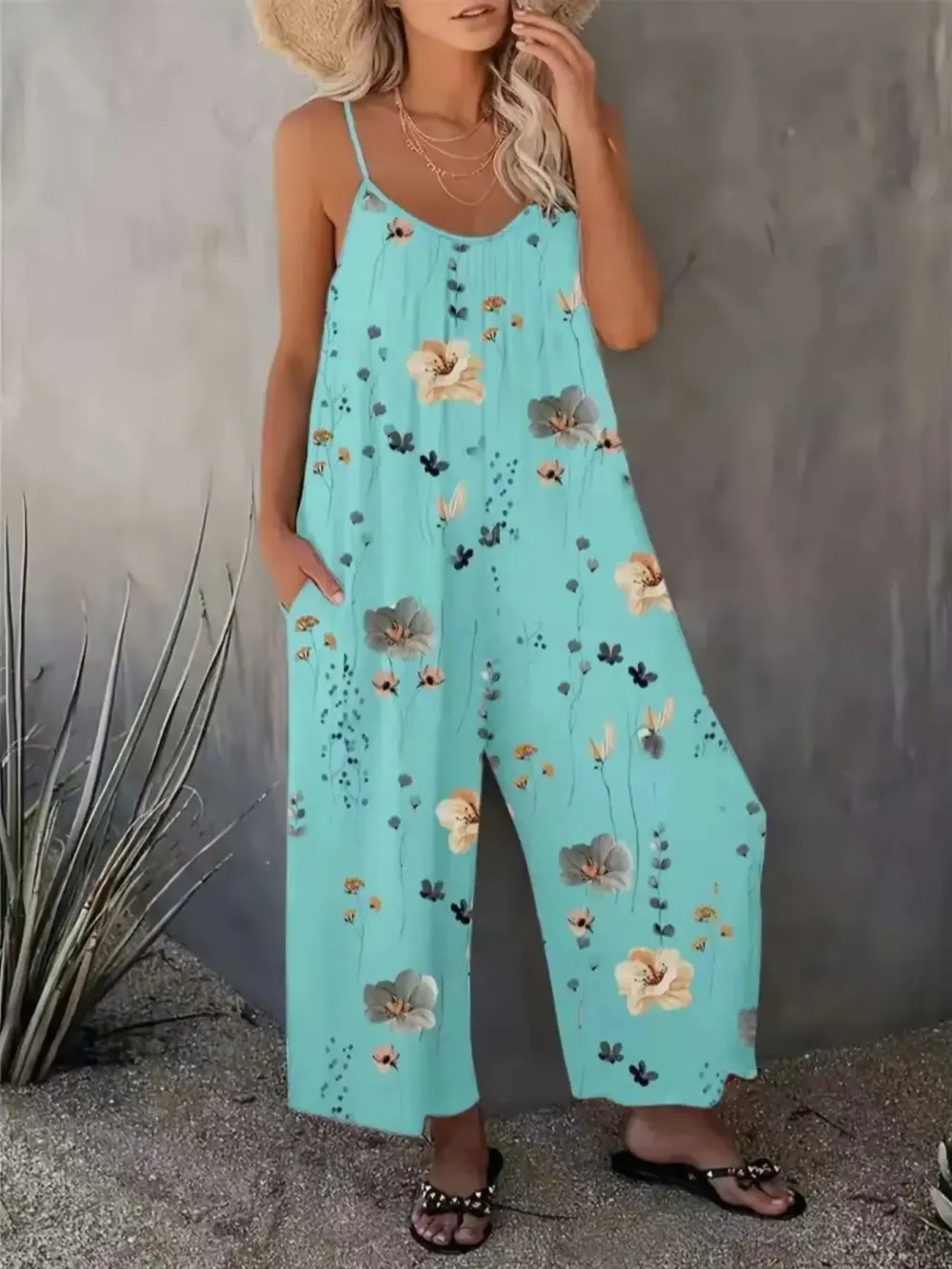 Comfortable Loose Jumpsuit, Perfect Vacation Selection, Just Right Pocket Design, U Neck Ruched Fit