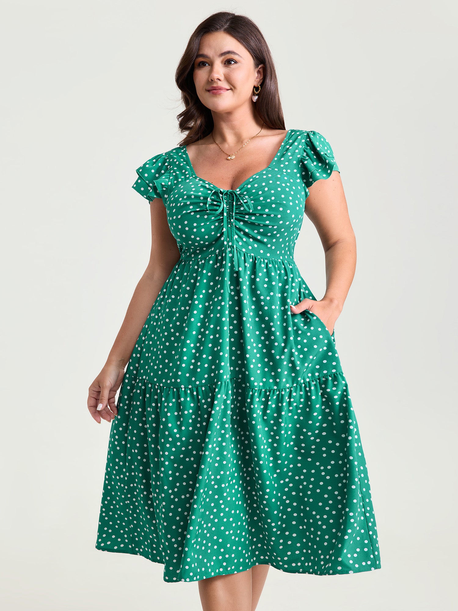 Vintage Polka Dots Ruched Bowknot Midi Dress
