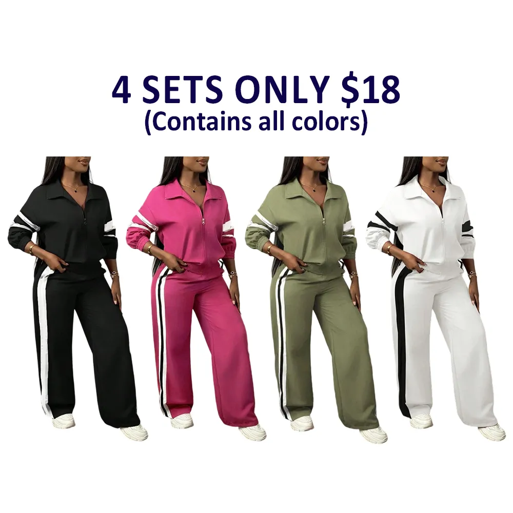 Women'S Zipper Jacket & Striped Wide-Leg Pants Set, Streetwear & Casual, Two-Piece Suit For Daily Wear