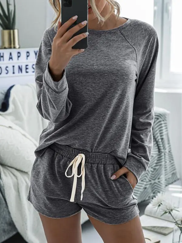Long Sleeve Round Neck Top & Pocket Shorts Pajamas Set