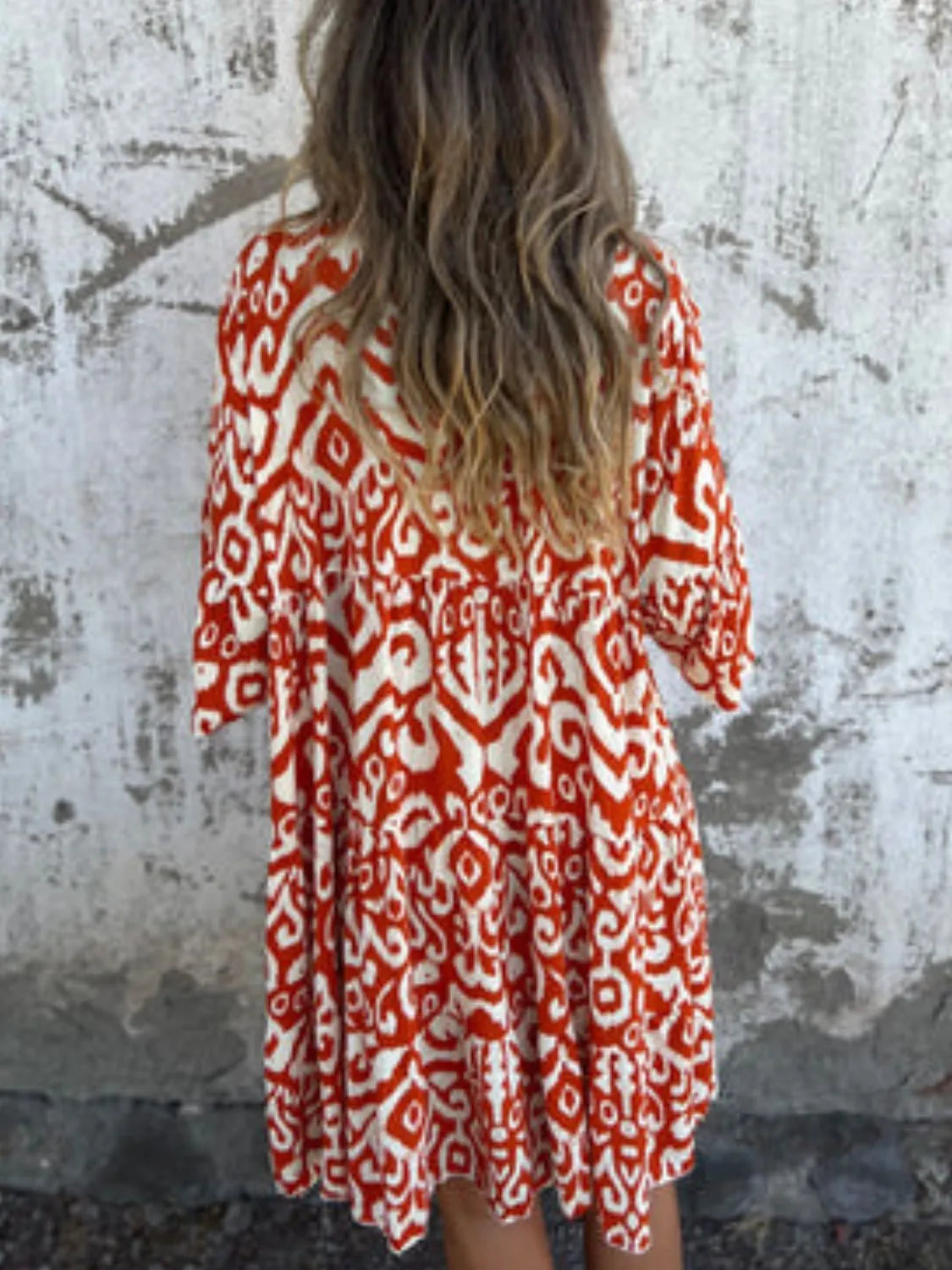 Plus Size Ethnic Print Notched Half Sleeve Midi Dress