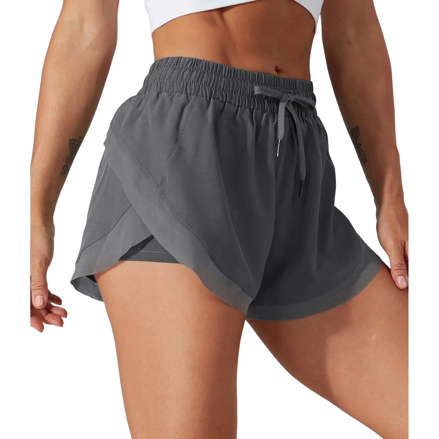 🏃Women’s 2-in-1 Mesh Active Shorts – Flowy Overlay & Adjustable Drawstring