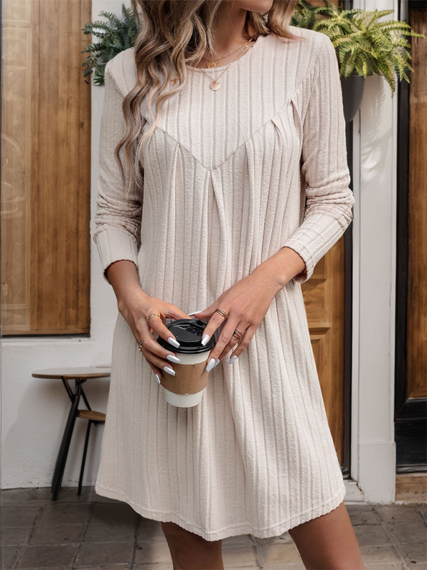 New Style Brushed Striped Knitted Skirt Long Sleeve Pleated Patchwork Dress