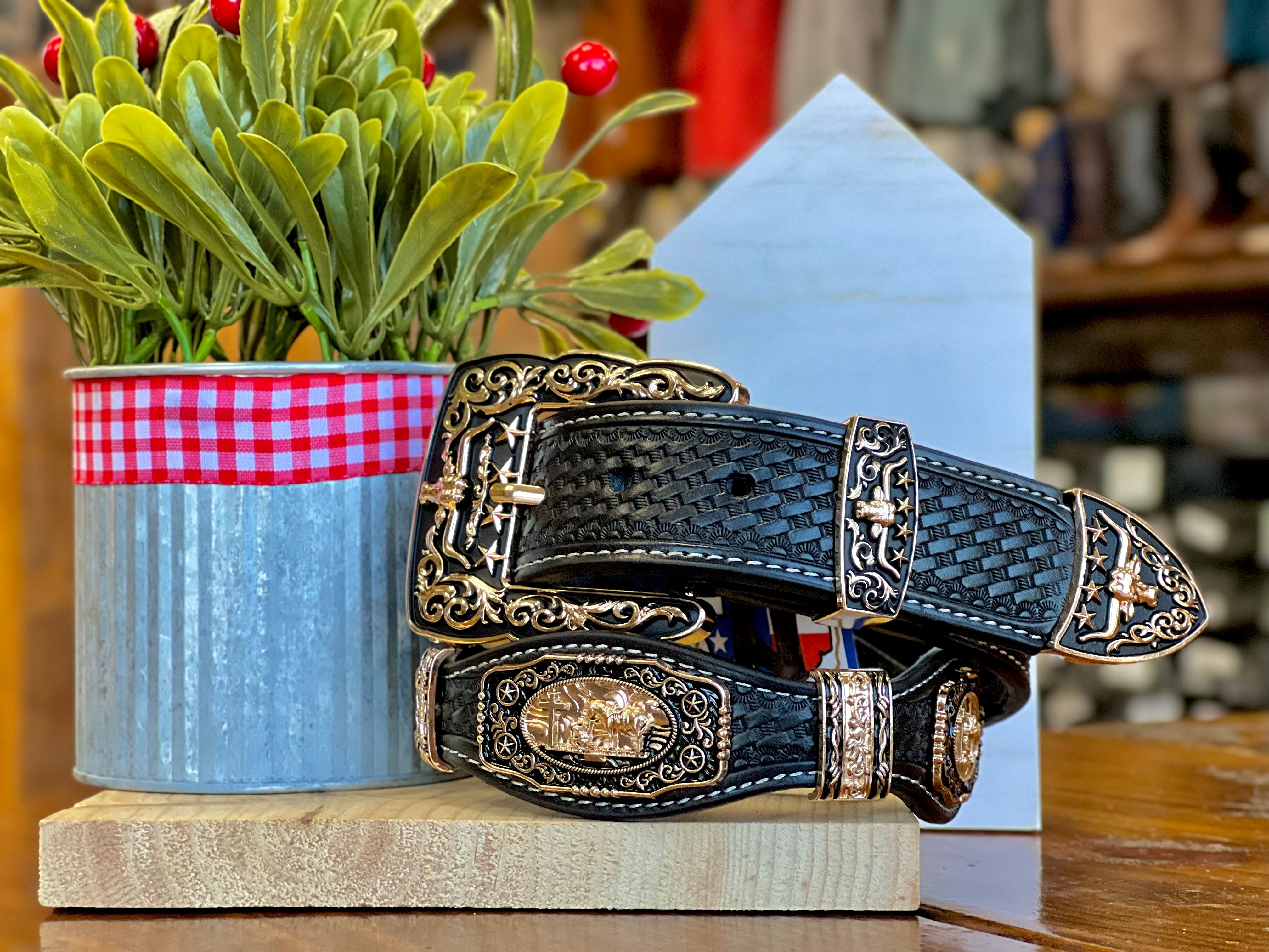 Men’s Black Leather Belt With Praying Cowboy Concho